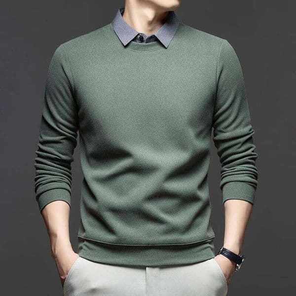 High quality fake two-piece fashion brand men's sweater thicken warm comfort new lapel autumn winter business casual pullover