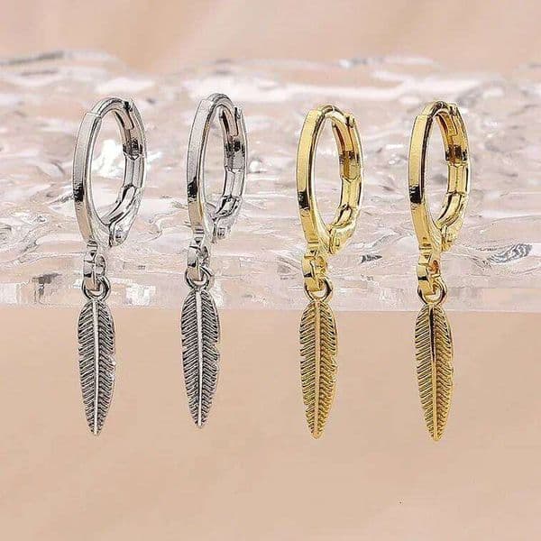 Real 925 Sterling Silver 1 Piece 14K Gold Feather Pendant Hoop Earrings for Women Classic Fine Jewelry Minimalist Accessories