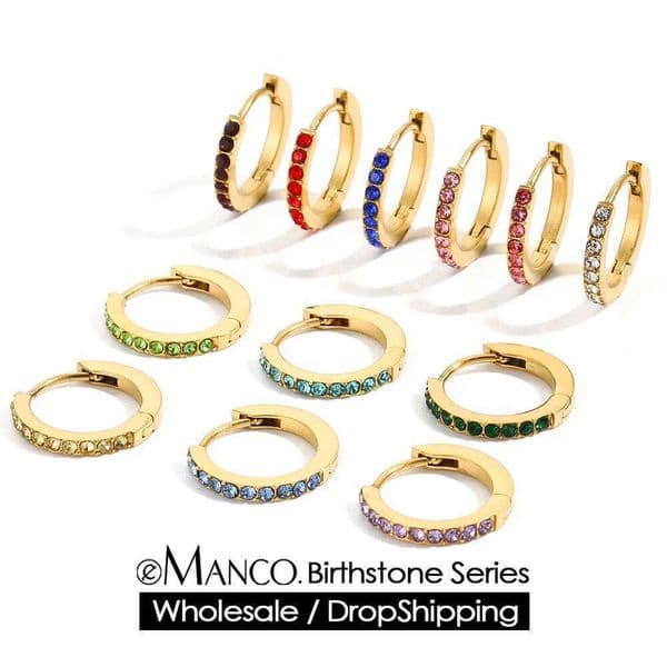 eManco Rhinestone Simple Stainless Steel Birthstone Hoop Earrings Gold Color for Women Men Party Jewelry Gifts