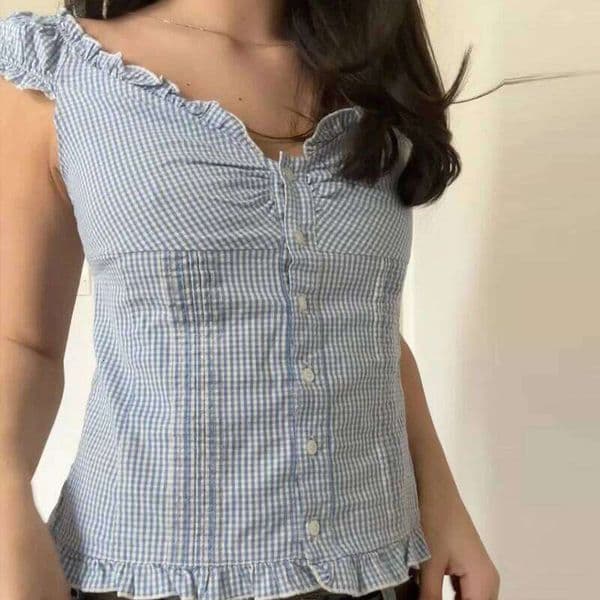 Fairy Frill V Neck Crop 00s Aesthetic Milkmaid Vest Preppy Button Down Blouse Tops Y2k Vintage Cap Sleeve Women T-shirt