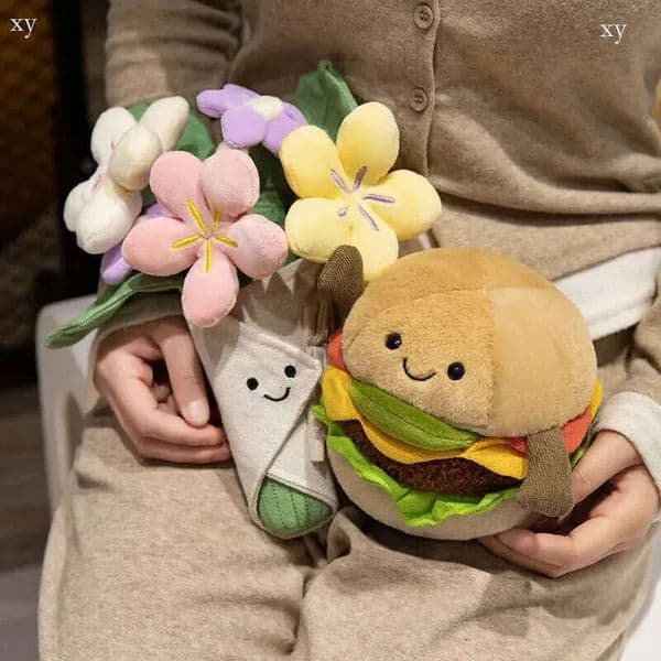 2026 INS Cartoon Burger Toy Simulation Hamburger Bouquet Flower Plush Pillow Room Decoration Birthday Christmas Gifts 250306