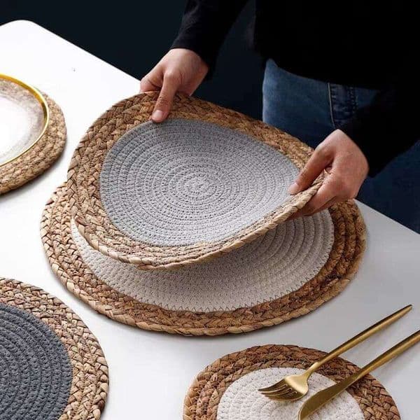 Warm Tone INS Natural Grass Woven Patchwork Cotton Rope Heat Insulation Placemat Decorative Forest Style Coaster Plate Mat B5