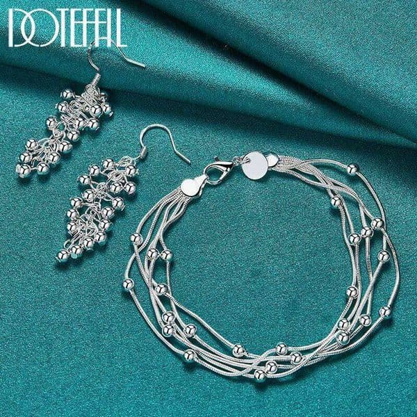 DOTEFFIL 2pcs 925 Sterling Silver Five Snake Chain Smooth Bead Bracelet Earring Set For Fashion Women Wedding Engagement Jewelry