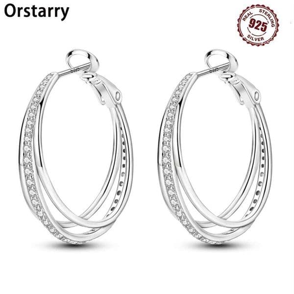 Orstarry S925 Sterling Silver Sparkling Three Circle Versatile Hoop Earrings For Women Jewelry Original Party Gifts