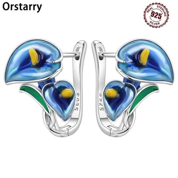 Orstarry Original 925 Sterling Silver Blue Horseshoe Lotus Earrings Women Ear Studs Hoop Earring Anniversary Jewelry Trendy Gift