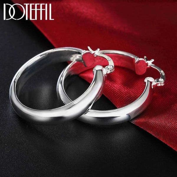 DOTEFFIL 925 Sterling Silver 35mm Circle Smooth Hoop Earrings For Women Lady Best Gift Fashion Charm Engagement Wedding Jewelry