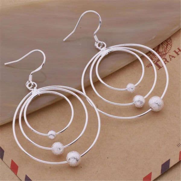 DOTEFFIL 925 Sterling Silver Three Circle Hoop Frosted Beads Earrings Charm Women Jewelry Fashion Wedding Party Gift