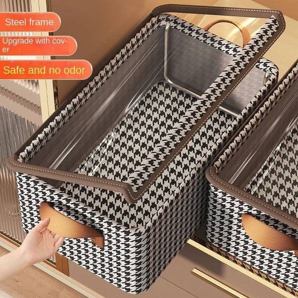 Clothes Pants Steel Frame Foldable Style Basket Handle Bedroom Dormitory Desktop Storage Box with Lid ddmynov