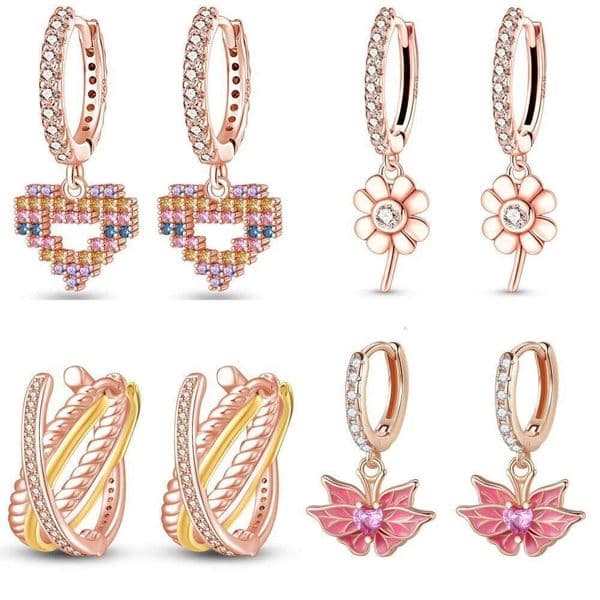 925 Sterling Silver Butterfly Flowers Rose Gold Series Jewelry Fashion Zircon Circle Hoop Earrings For Women Gift Accessories