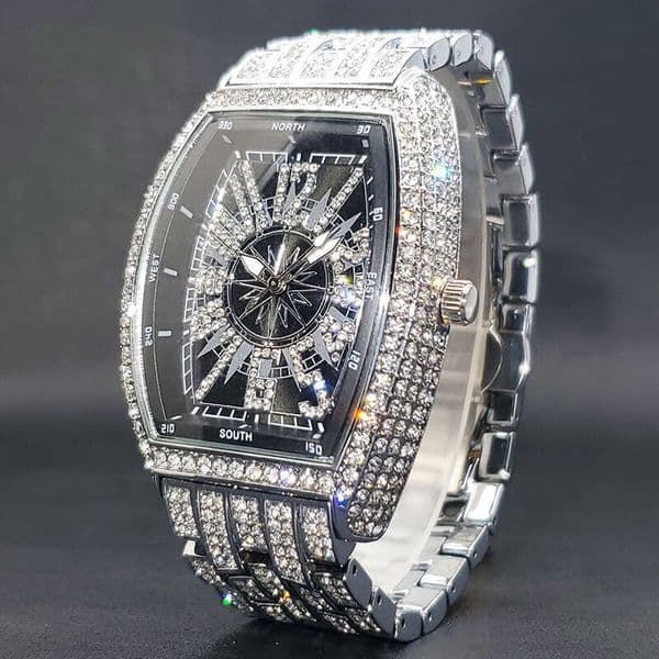 Live Hot-Selling Full Diamond Hip-Hop Quirky Digital Men's Barrel-Shaped Black Dial Stylish Rap Quartz Watch