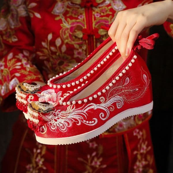 Ddmytiger Supreme Beauty Hanfu For Women Xiuhe Wedding Pearl Cloth Peep Toe Bow Height Increasing Ancient Costume Embroidered Shoes Outdoor Shoes
