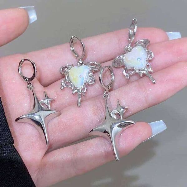 Kpop Y2K White Opal Heart Hoop Earrings For Women Fashion Creative Irregular Four Pointed Star Earring Jewelry Accessories