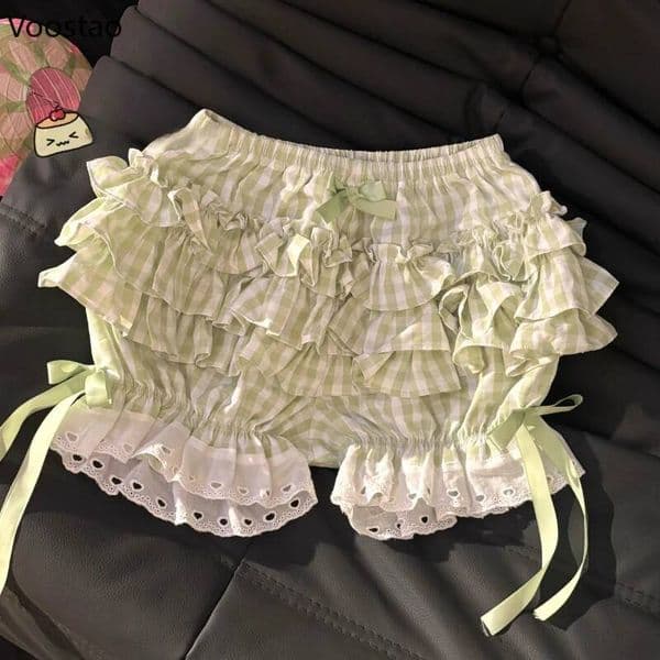 Bestseller Japanese Kawaii Lolita Safety Short Pants Women Sweet Cute Bow Green White Plaid Shorts Girl Harajuku Y2k Elastic Waist Bloomers ddmytues
