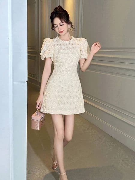 Bestseller Women Clothes White Sweet Floral Pearl O-Neck Slim A-Line Mini Short Dress Elegant Ladies Fashion Party Prom Vestidos Summer New Ddmytues