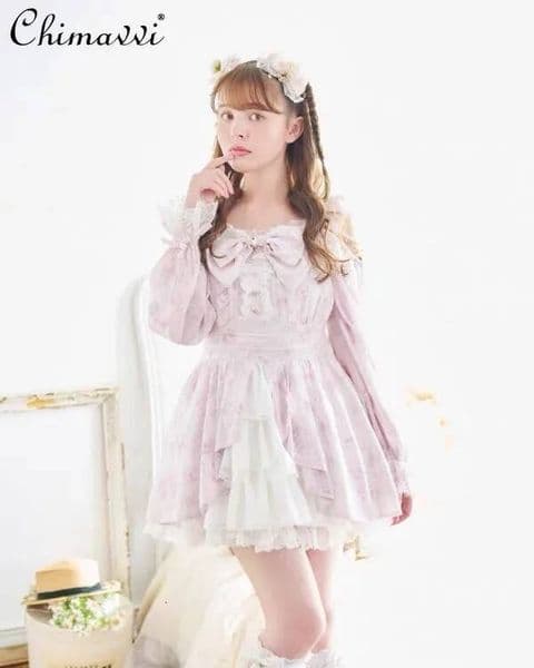 Bestseller Liz Japanese Sweet Ruffled Lace Lace-Up Mass-Produced Rose Ribbon Dress Top Short Skirt Princess Lolita Two-Piece Set ddmytues