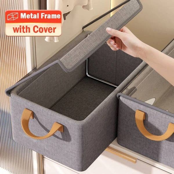 Collapsible Clothing Folding Clothes Basket with Cover Metal Frame Underwear Storage Box Wardrobe Organizer