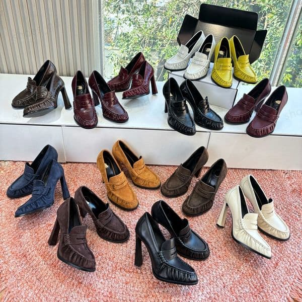Pleated details stiletto heel Leather Loafer Pumps Luxury designer women slip on round toe high heel shoes Fashion ladies suede ultra-high heels dress shoes 11cm