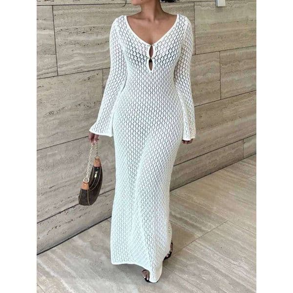 Tossy White Knit Fashion Cover up Maxi Female See-Through V-Neck Hollow Out Beach Holiday Knitwear Backless Dress