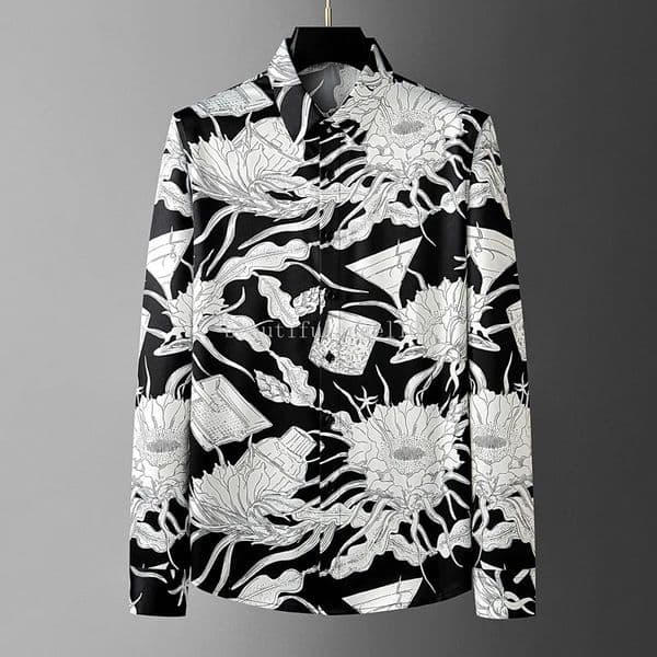 Lotus Print Long Sleeved Shirt for Men Versatile Casual Business Dress Shirts Slim Social Banquet Streetwear Men Clothing