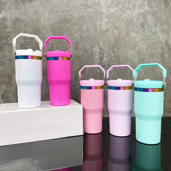 USA warehouse mirror rainbow plated underneath 20oz kids flip straw tumbler double walled mug with portable handle and flip top straw for laser engraving