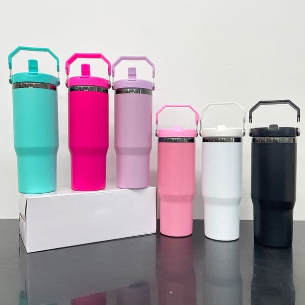 USA warehouse flip straw double walled 30oz black plated tumbler Vacuum Insulated stainless steel Water Bottle for Laser engraving