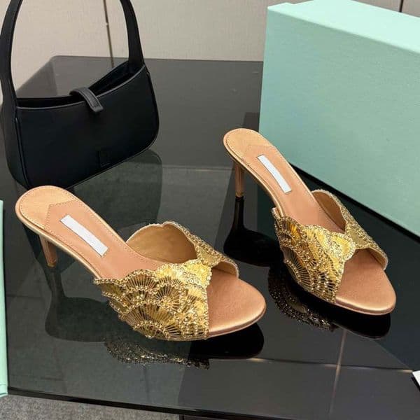 Top quality real Leather open toes mules heels slip on Slippers Stiletto High-heel Slides Luxury designer heels Wedding Evening shoes Gold Silver