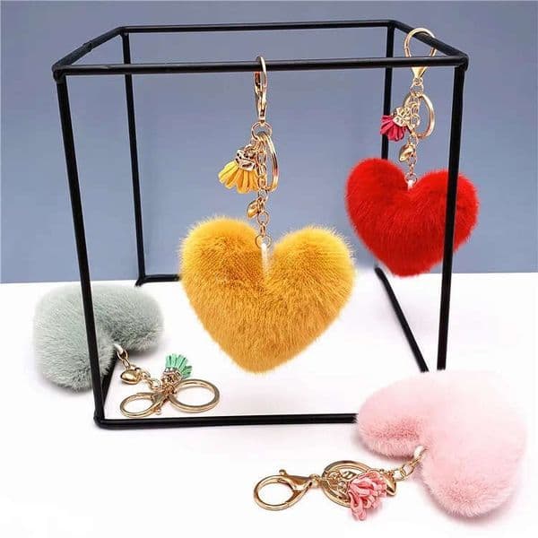 Colorful Heart Pompom Keychain Mini Tassel Pendant for Women Fashion Plush Ball Bag Ornament Car Keyring Accessories Party Gift