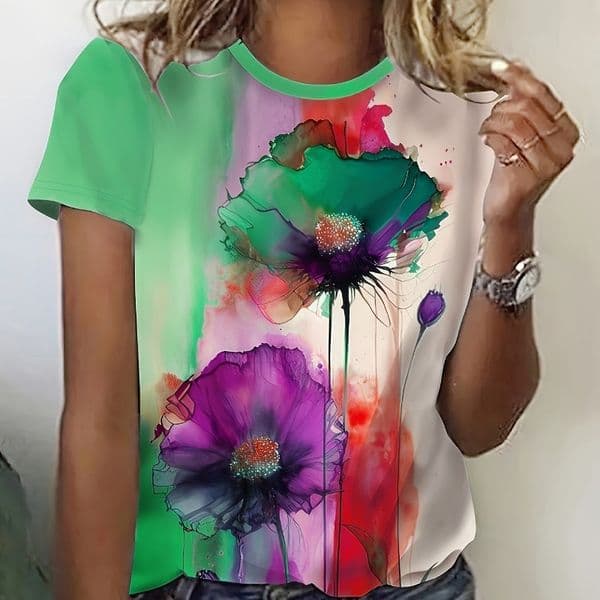 Loose Plus Size Sweet Floral 3D Print Round Neck Short Sleeve Amazon Summer Women's T-Shirt Factory Supply