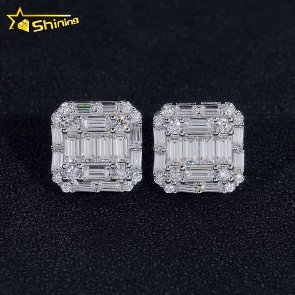Wholesale Price Hip Hop Style Baguette Moissanite Square Shape 925 Silver Mens VVS Diamond Earrings