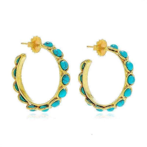 Vintage Bohemian-style Synthetic Turquoise Golden Plated Hoop Earrings for Women Fashion Versatile Vacation Jewelry Accessories