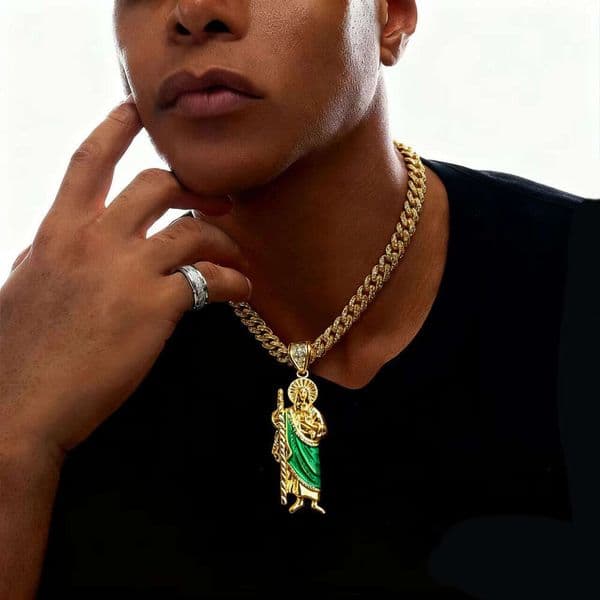 Fashionable and unique unisex Oil Drop Religious Saint Jude Alloy Pendant Men's 8MM Cuban Chain Hip-Hop Necklace Personality Retro power of faith