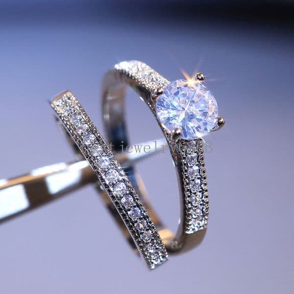 Women Silver Color Double Stackable Fashion Jewelry Bridal Sets Wedding Engagement Ring Accessory