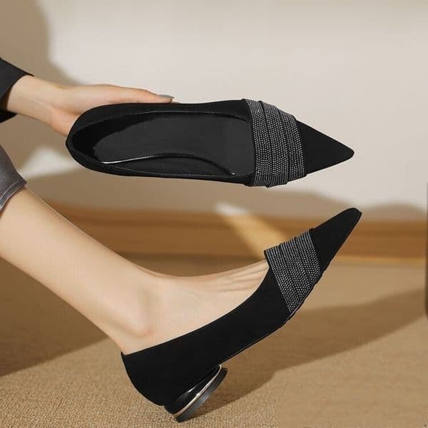 Ddmysports French Style Rhinestone High Heels Elegant Pointed Low Heel Single For Women Spring And Autumn New Versatile Soft Sole Shallow Mouth S Shoes Outdoor Shoes