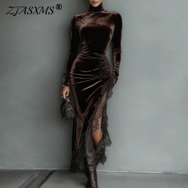 Velvet Patchwork Lace Slit Long Party Dress Woman Autumn Turtleneck Slim Pleated Boho Dress Winter Long Sleeve Hollow Maxi Dress 260120