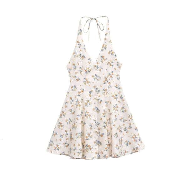 2025 summer new women's casual fashion simple girl style printed poplin halter neck V-neck backless short dress