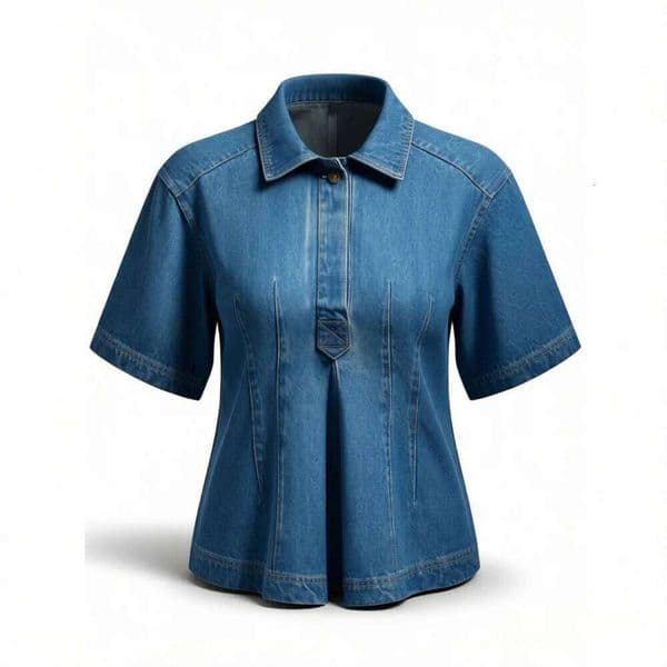 2026 New Women's Fashion French Design with Simple Folding Collar, Short Sleeve and Waist Collection Denim Shirt