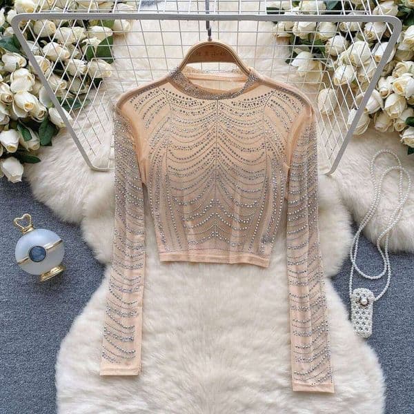 2026 New Summer Women Beading Sheer Sexy Top O Neck Long Sleeves Transparent Slim Short T Shirt Streetwear Shiny Sequins Blouse