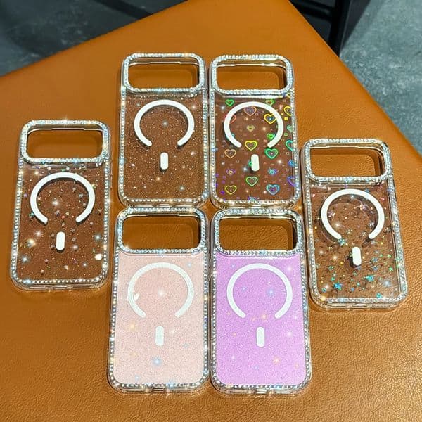 Bling Diamond Magnet Wireless Charging Case For Iphone 17 Air 16 15 Plus 14 13 Pro MAX Samsung S26 Ultra S25 FE S24 Clear Magnetic Love Heart Glitter Soft IMD