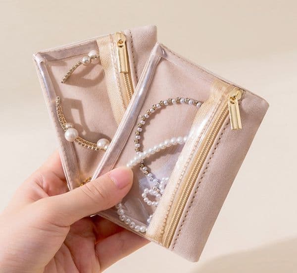 Portable Jewelry Organizer Pouch Zippered Velvet Storage Bag Clear Compartment For Earring/Ring/Bracelet/Necklace Compact Size For Travel/Business Trips 11*8 cm