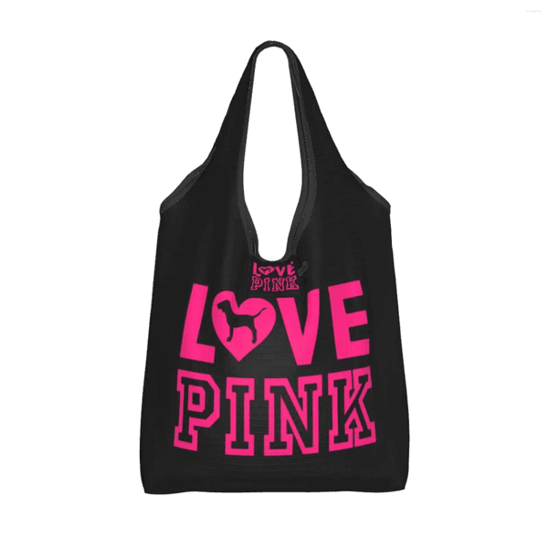 Shopping Bags Pink Love Slogan Printed Pattern Bag Large Capacity Foldable Portable Handbag
