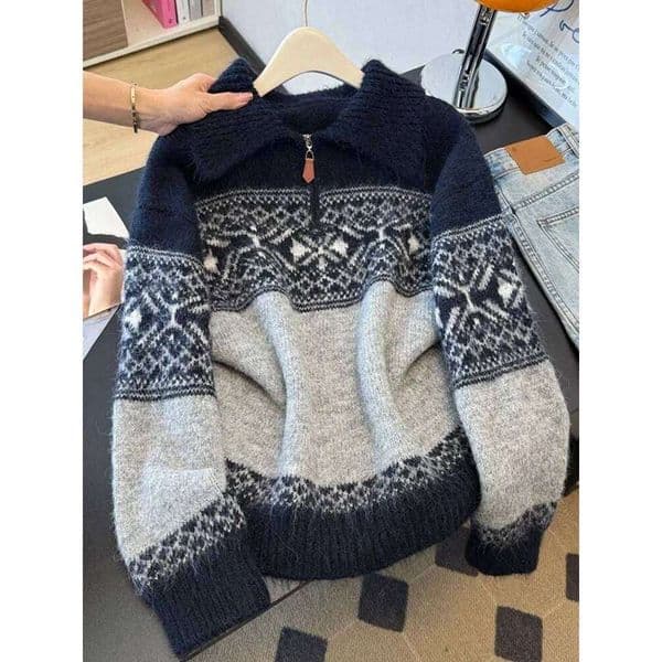 2026 Autumn and Winter Fashion New Women's Elegant High End Retro Fel Island Jacquard POLO Collar Design Sense Sweater