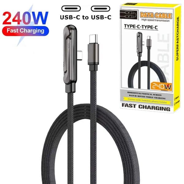 1.5M/4.9FT 240W USB C Fast Charging 2 in1 Braided Flat Foldable Bracket Data Cable Desktop Holder Phone Stand Charger Cord For Iphone 17 16 Pro Max Samsung S26