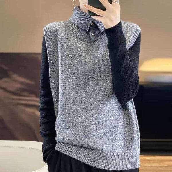 Autumn and Winter Fashion New Women's Elegant Knitted Inner Warm Thick Cashmere Flip Collar Half Open Sweater Vest