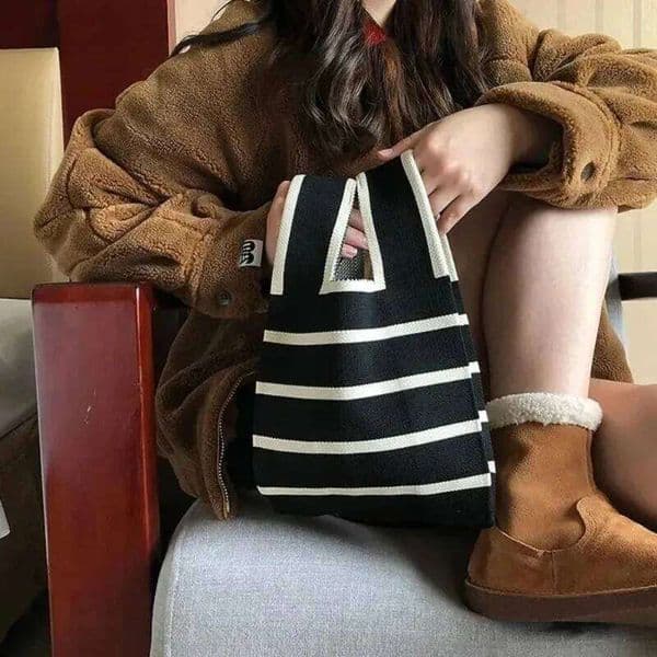 Women Handmade Knitted Small Handbag Casual Wrist Wide Stripe Shopper Mini Tote Student Reusable Shoulder Bag