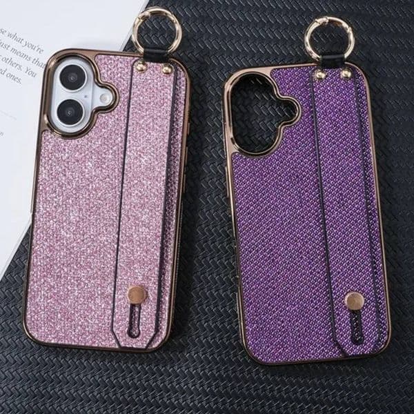 Luxury Plating Bling Glitter Leather Phone Case For iPhone 16E 16 Pro Max 15 14 Plus 13 12 11 with Wrist Strap Kickstand Ring