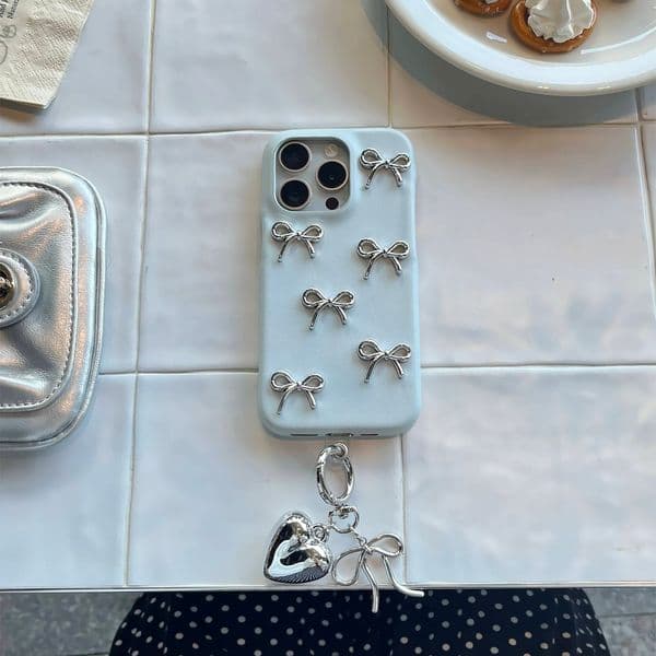 Blue Artificial Leather 3D Bowknots with Heart Dangle Girly Case for iPhone 16 15 14 13 Pro Max Back Phone Cover Capa