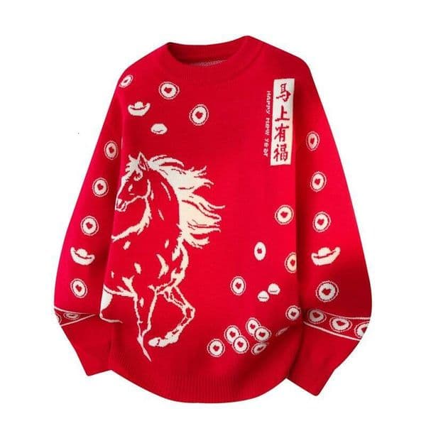 2026 New Design Chinese Zodiac Men's Traditional Chinese Style Jacquard Sweater For Outdoor Use Red Men's Knitted Warmth Sweater Casual And Fashionable Top
