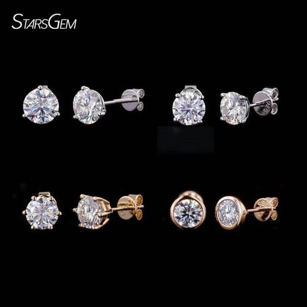 Starsgem Wholesale 14k Solid Gold D Synthetic Mosan Prong Setting Bezel Setting Earring 2ct Round Mossanite Gold Stud Earrings