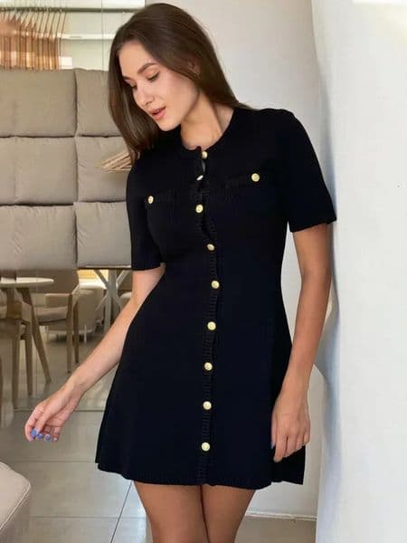 Trendix Elegant Knit Mini Dress Women Street Slim High Waist Short Sleeve Rib Sweater Dresses Vacation Bodycon Knitwear Dress 260122BJ