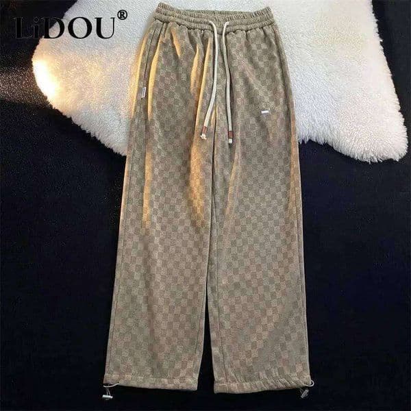 2026 Spring Autumn Plaid Printing Straight Pants Man Street Loose Casual Wide Leg Trousers Korean Style Motion Men's Clothing